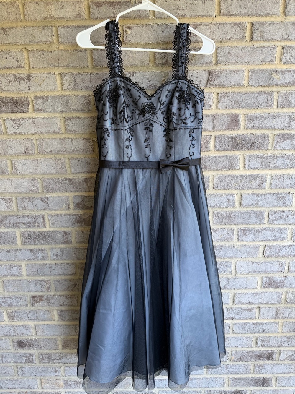 Vtg 90s De Laru Whimsigoth Beaded Lace Tulle Prom Dress Silver Black 9/10